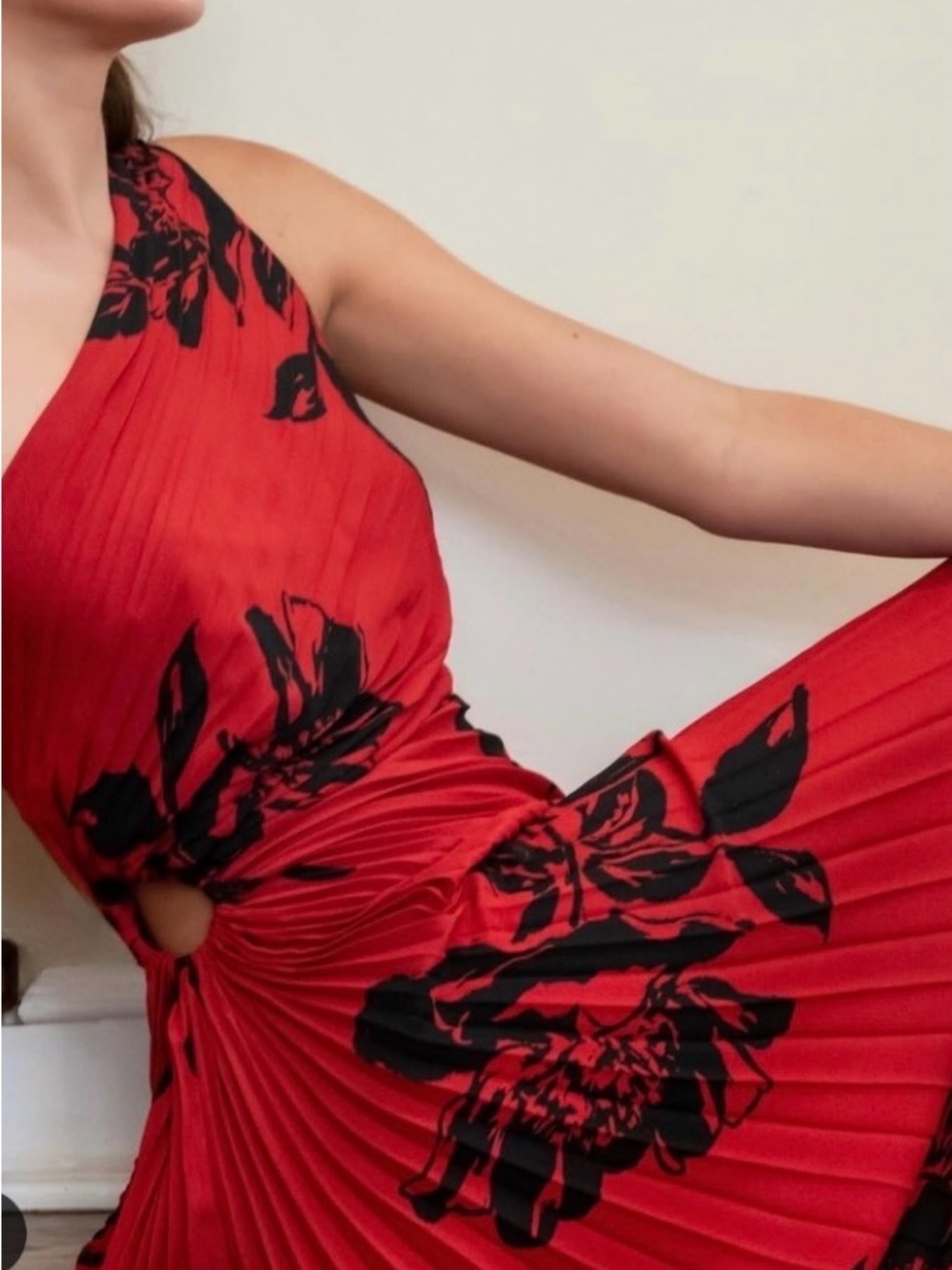Nicole Miller Red Floral Cutout Pleated Maxi Dress